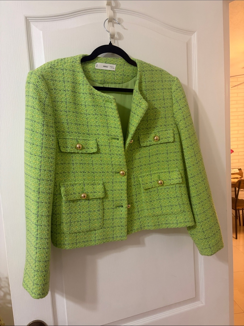 Mango Lime Green Tweed Cropped Jacket with Gold Buttons
